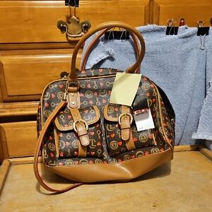 Brown Patterned Satchel with Tan Trim and Heart Accents